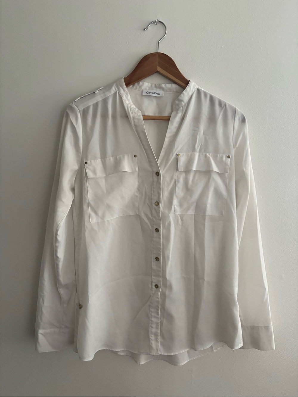 Calvin Klein Cream Collarless Silk Blouse